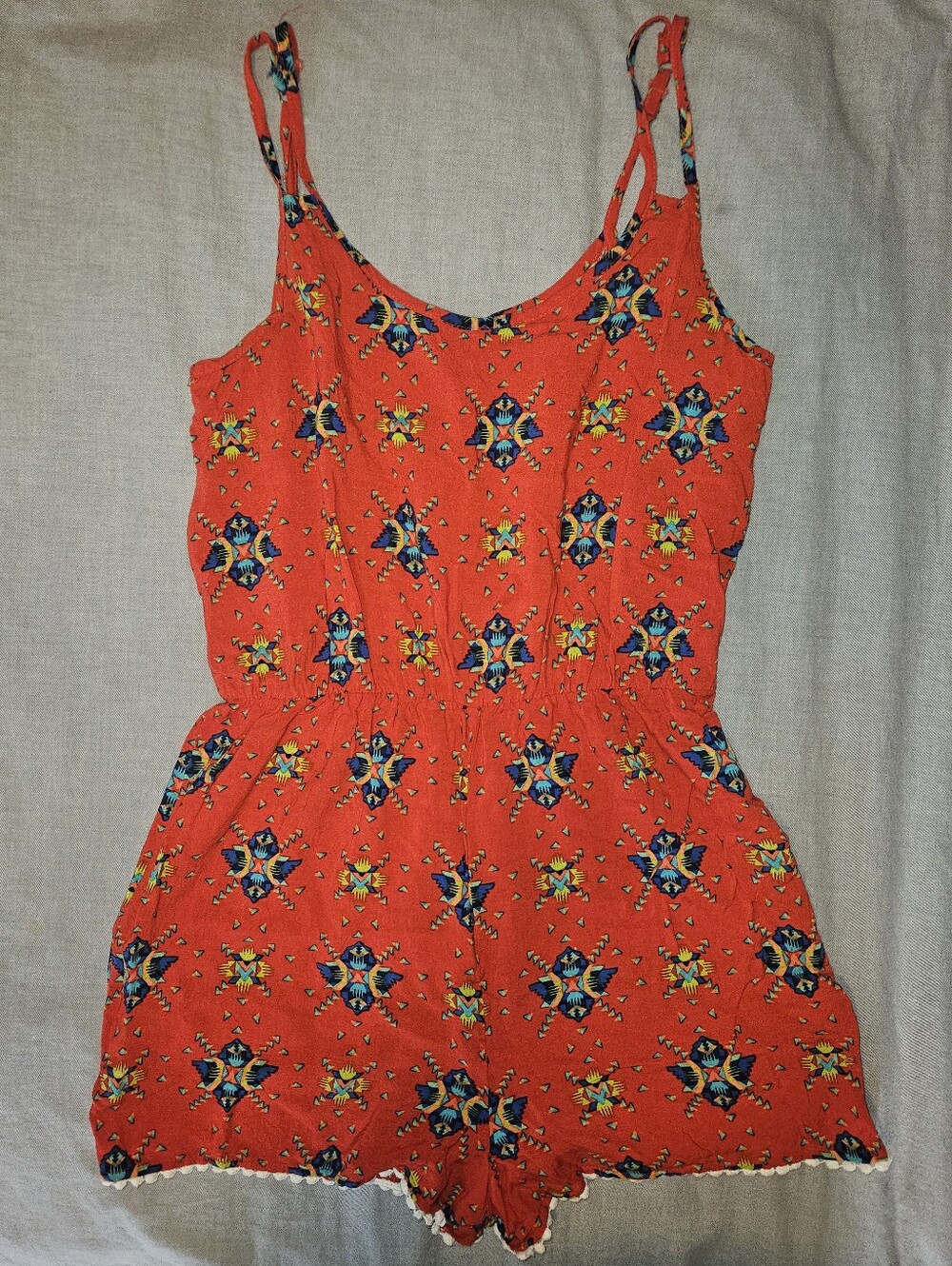 Red Printed Spaghetti-Strap Romper